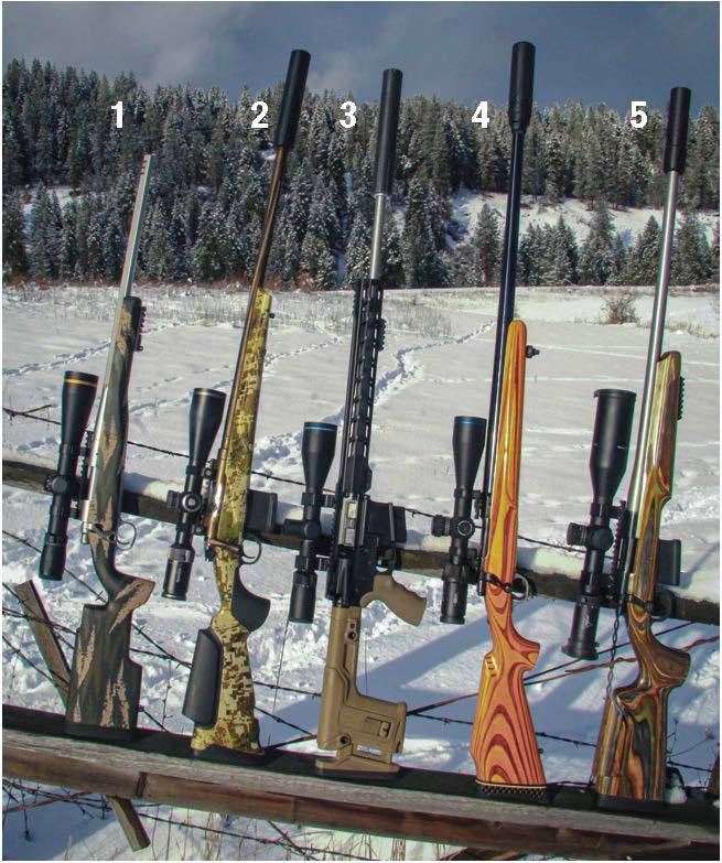 Rifles used to test Hornady’s 62-grain ELD-VT included: (1) 223 Remington Model 700 VTR SS  (20-inch, 1:9 twist), (2) 224 Valkyrie Franchi Momentum Varmint (24-inch, 1:7), (3) 22 ARC parts-build AR-15 with Shaw barrel (22-inch, 1:7), (4) 220 Swift fast-twist Ruger M77 (26-inch, 1:9) and (5) 22 Creedmoor Little Crow Gunworks custom (26-inch, 1:7).